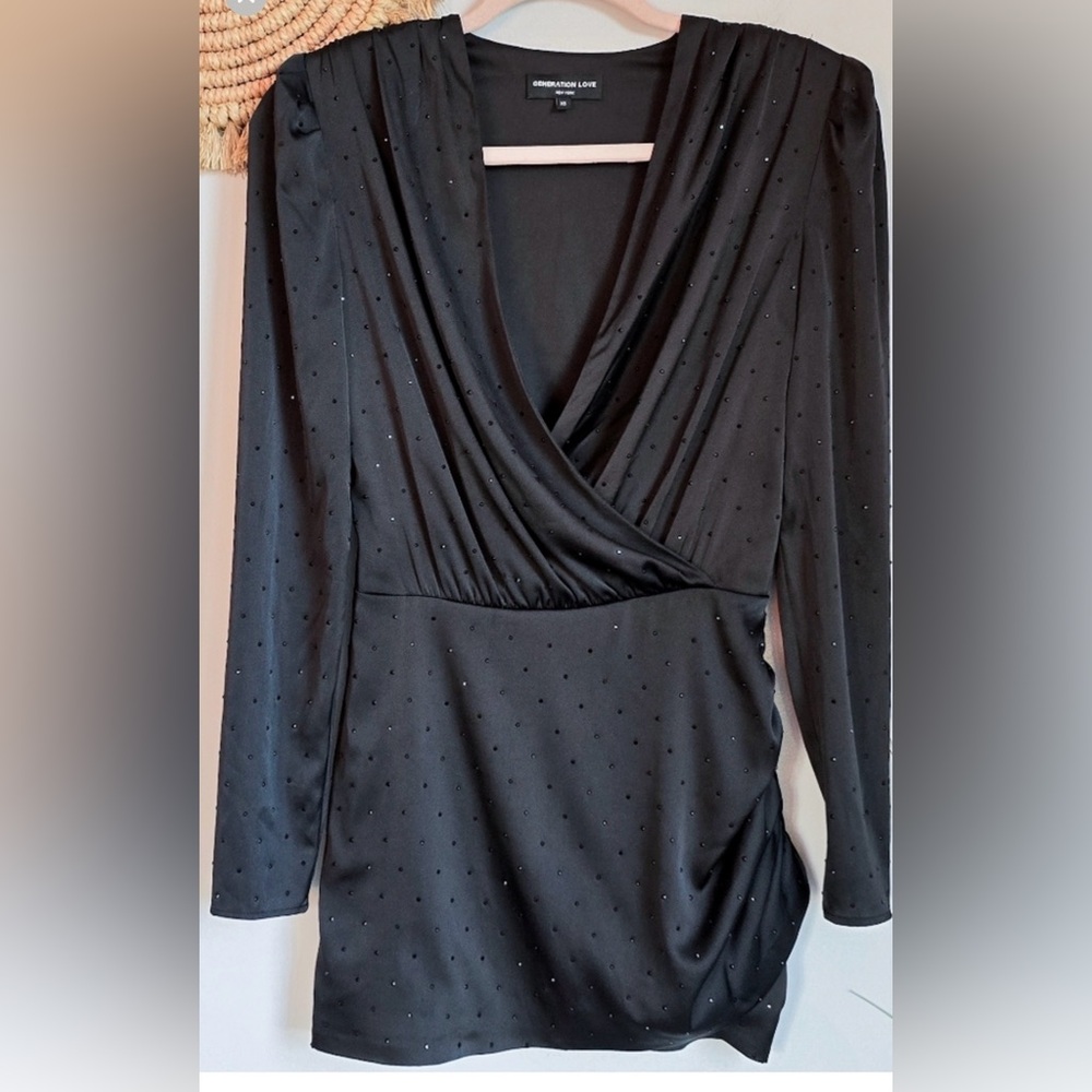 Generation Love The Rafael Black Crystal Stretch Jersey Draped Mini Dress SZ XS